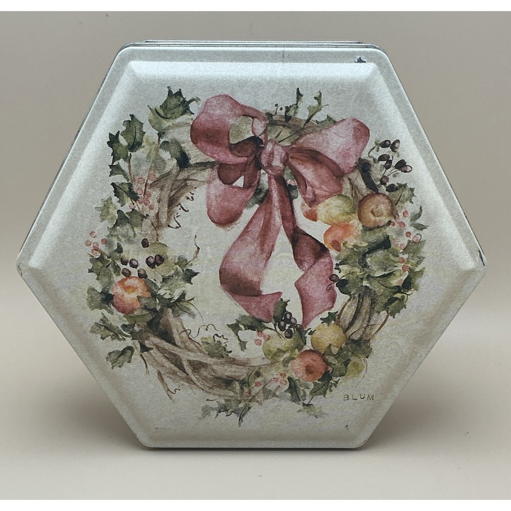 Holiday Hexagonal Wreath Cookie Tin with‎ Art by Cheri Blum-Empty